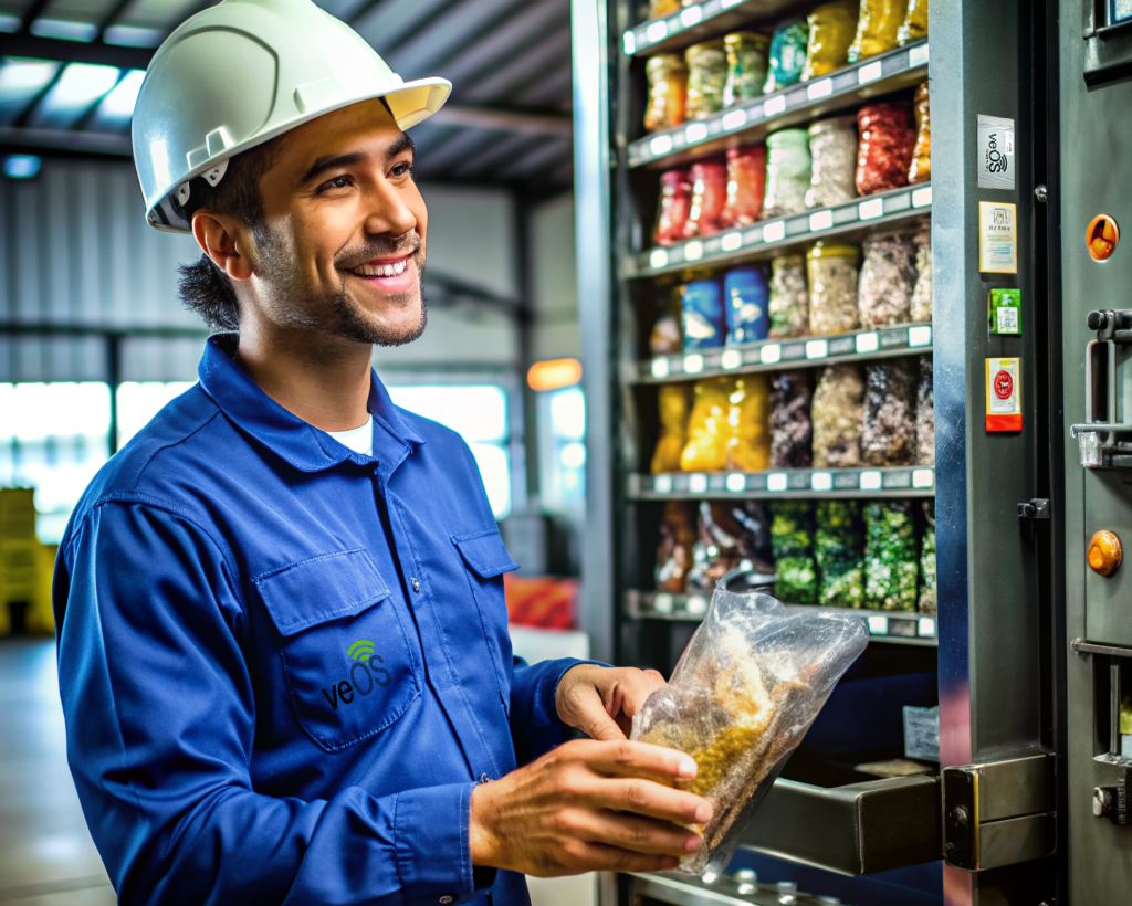 Trabajador al frente de una maquina dispensadora aprovechando la tecnología para vending y disfrutar un snack que tiene en la mano.